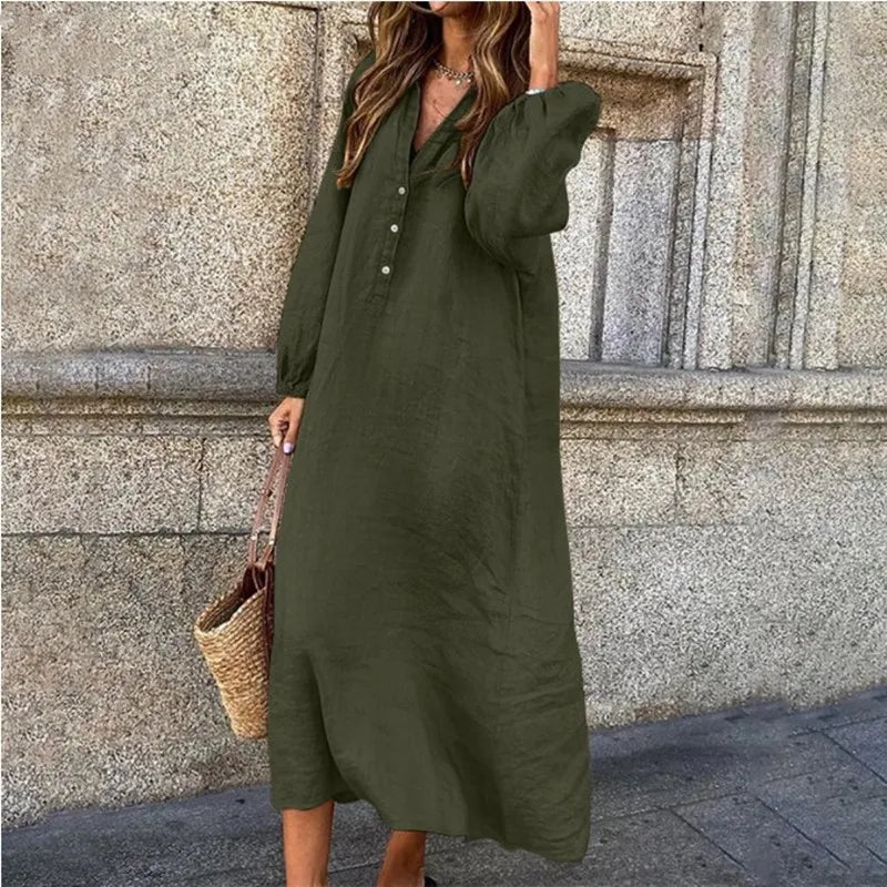 Women's Autumn New Cotton Linen Solid Color Long Sleeved Sexy V-neck Fashionable Button Long Casual Loose Comfortable Dress - Seprincess