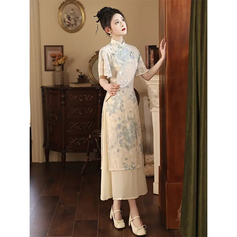 Improved Qipao 2024 New Summer Modern Chinese Style Blue Jacquard Short Sleeve Cheongsam For Women Youth Girls Long Party Dress - Seprincess