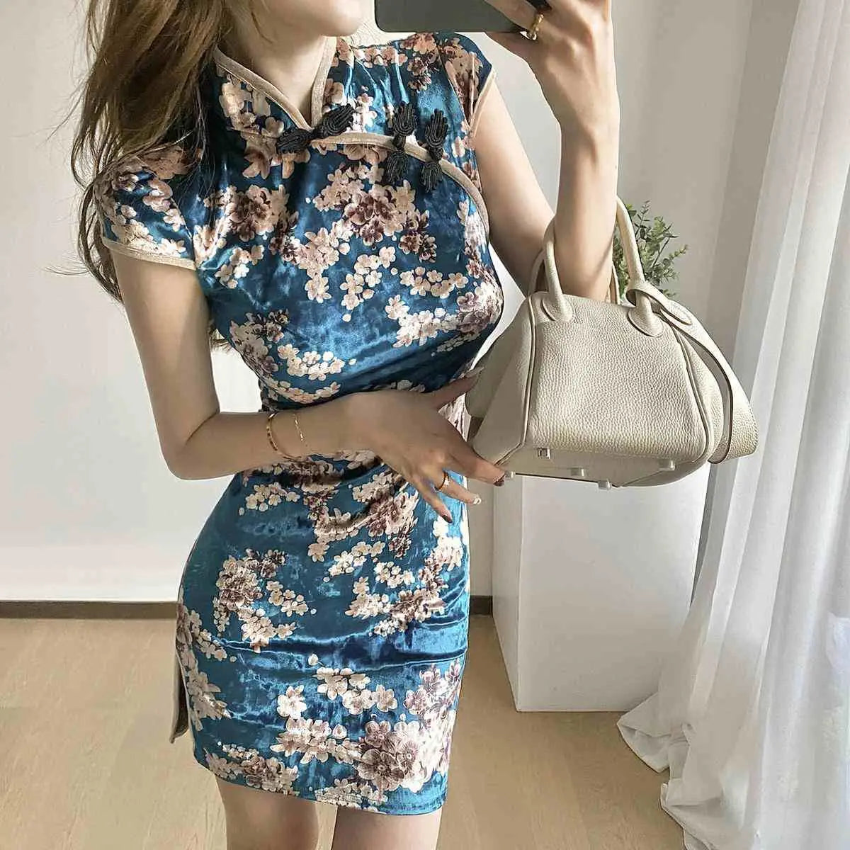 Chinese Dress Pink Sexy Qipao Dresses Cheongsam Dress Velvet Retro Printed Cheongsams Mini Qipao China Dress Robe Chinoise - Seprincess