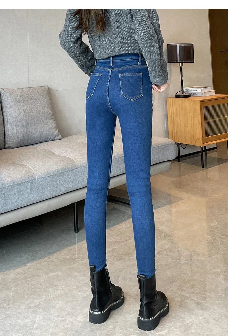 Skinny Women's Warm Jeans Winter Thicken Fleece Stretch High Waist Pencil Pants Fashion Korean Black Blue Gray Velvet