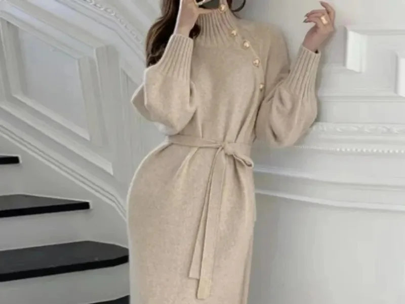 BTQWFD Turtleneck Sweaters Long Sleeves Dresses for Women Party Pullovers 2024 New Autumn Winter Button Skirts Female Clothing - Seprincess