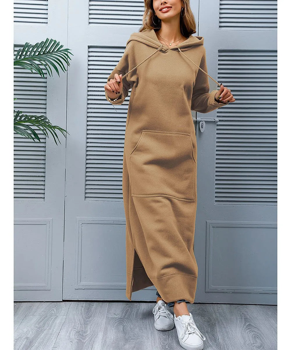 Autumn Winter Women's Loose Knitted Hooded Long Dress Plush Warm Casual Large Pocket Dresses For Women - Seprincess