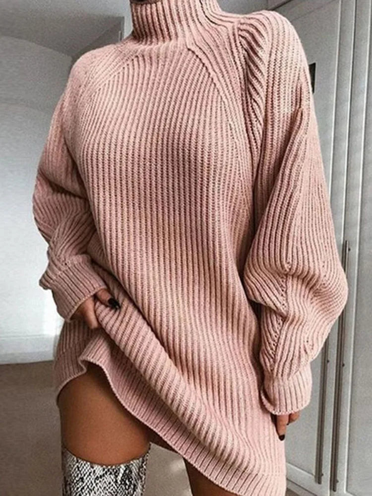 Women Turtleneck Sweater Dress Autumn Solid Long Sleeve Casual Elegant Mini Oversized Knitted Dress Winter Clothes - Seprincess