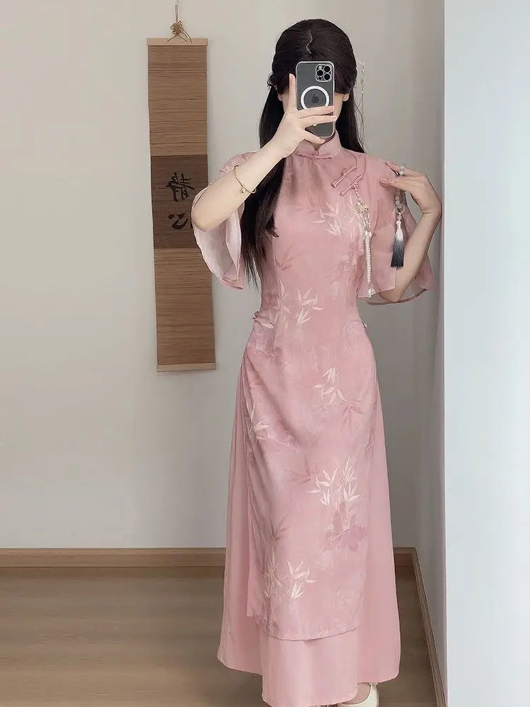 New Chinese Style Pink Qipao Dress 2024 Vintage Cheongsam Young Oriental Lady Evening Dress Summer Daily Vestido - Seprincess