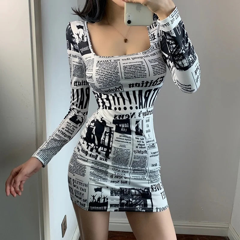 Hot-selling Printed Europe Newspaper Sexy Mini Dress 2020 Autumn New Fashion Street Shooting Slim Girl Female Square Collar ZW0 - Seprincess