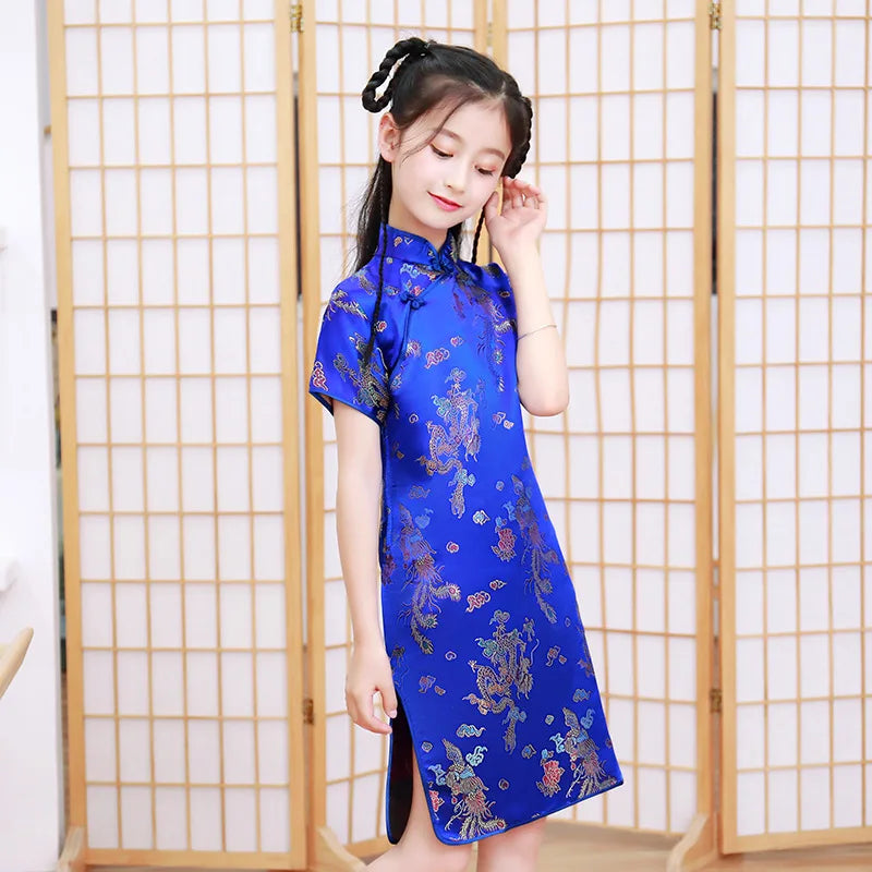 Summer Children Cheongsam Dragon Phoenix Embroidery Qipao Princess Dress Chinese Style Dresses New Year Qipao Gift Tang Clothes - Seprincess