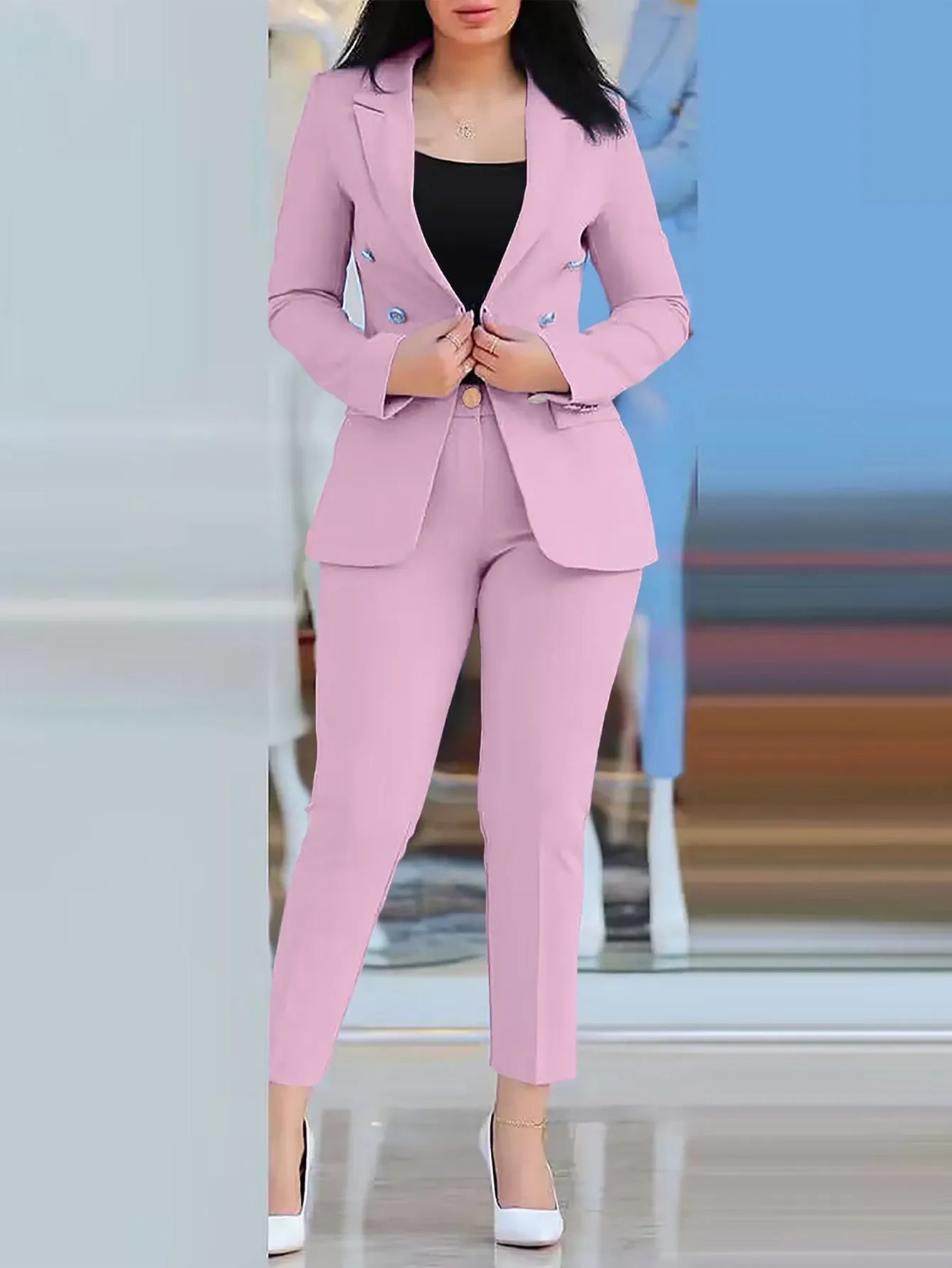 New 2023 Formal Office Pant Sets Women 2PCS Double Breasted Solid Blazers Jacket and Pants Two Pieces Set Female Pant Suits Sets - Seprincess