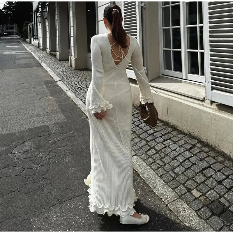 Women Elegant Ruffle Hem Knit White Long Dress O-neck Flare Long Sleeve Backless Bandage Dresses 2024 New Evening Party Robes - Seprincess