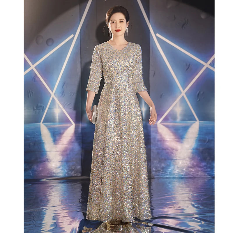 Shiny Sequin Mother Of the Groom Dresses 2024 New Elegant V-Neck Floor-Length Long Wedding Party Gowns With Sleeves - Seprincess