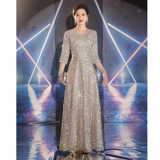 Shiny Sequin Mother Of the Groom Dresses 2024 New Elegant V-Neck Floor-Length Long Wedding Party Gowns With Sleeves - Seprincess