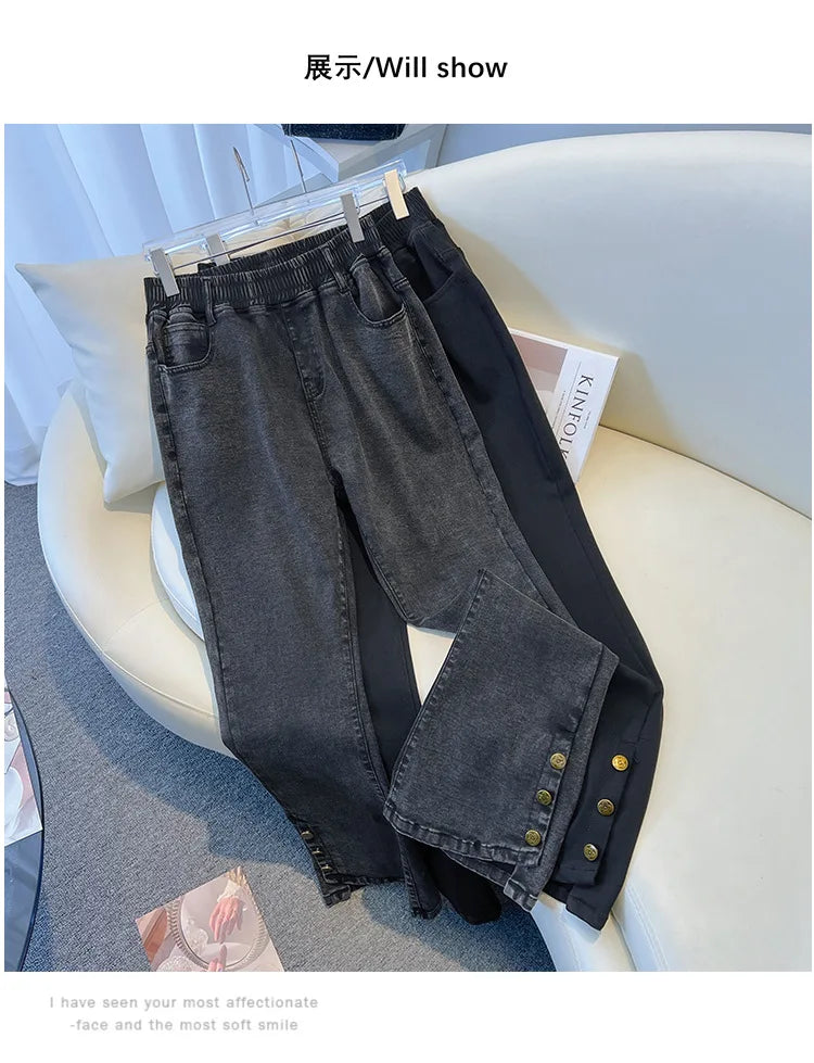 155Kg Plus Size Women's Jeans Hip 150-160 High Waist Casual Loose Flare Pants Trousers Black Black-Gray 5XL 6XL 7XL 8XL 9XL