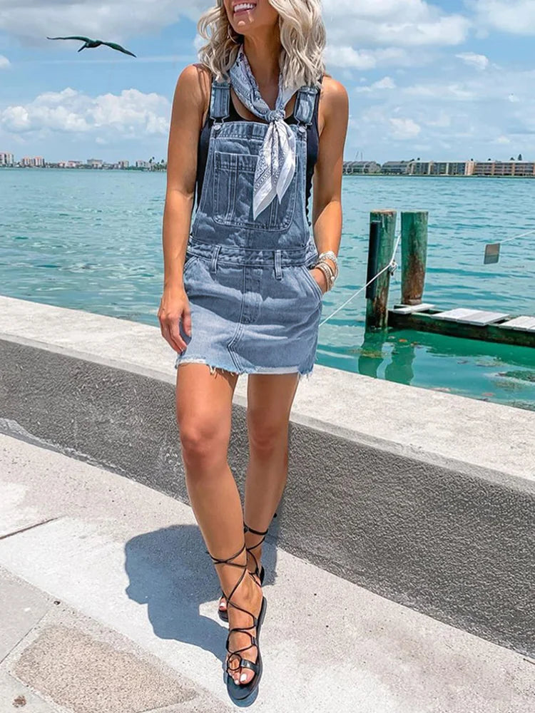 Women's Frayed Hem Adjustable Strap Denim Overall Dress Classic Casual Mini Jean Dresses Pocket Sleeveless Suspender Short Skirt - Seprincess