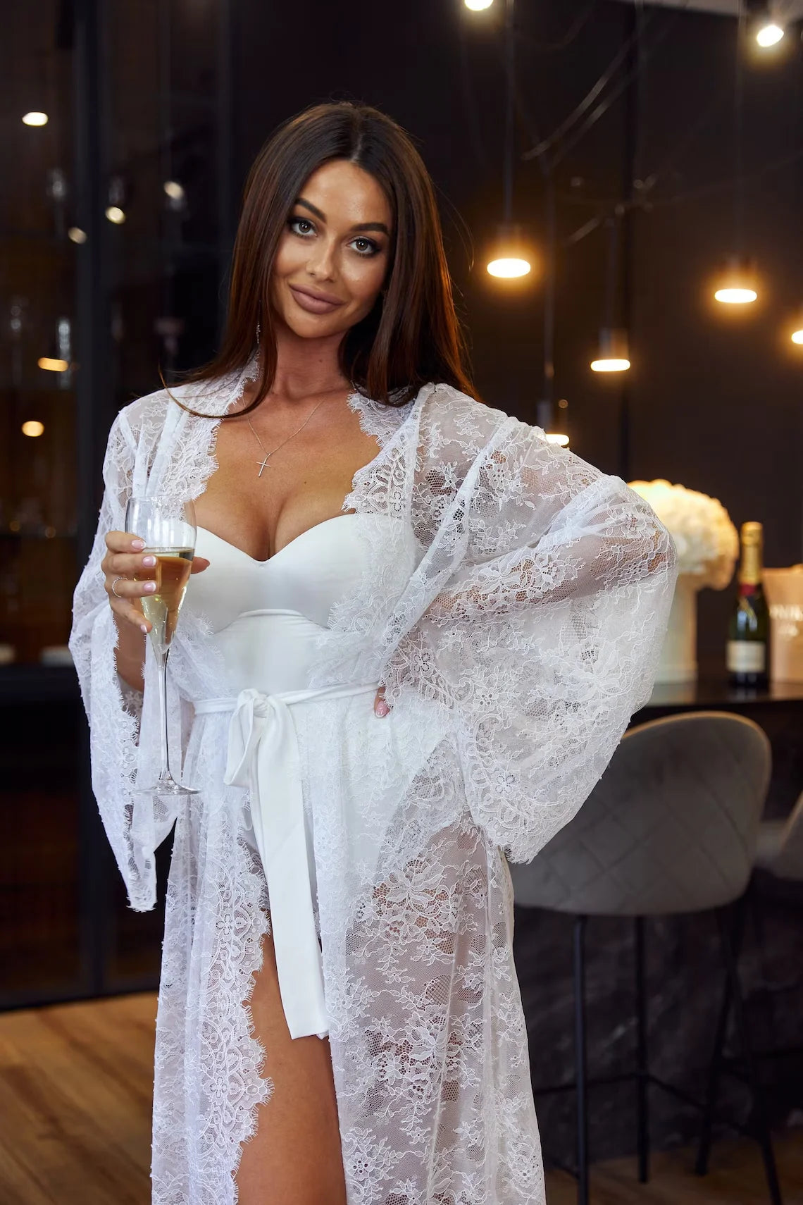 Bride White Boudoir Maxi Lace Robe Long Silk Robe with Chantilly Lace Sleeve Wedding Dressing Gown Women Bridal Honeymoon Robe - Seprincess