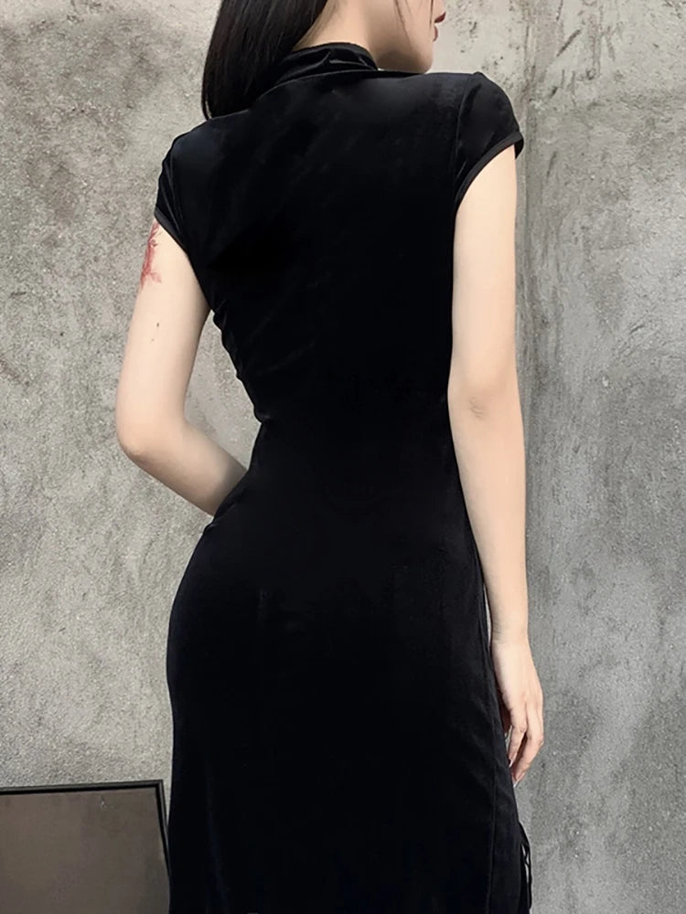 Goth Dark Romantic Gothic Velvet Aesthetic Dresses Vintage Women Black Bandage SlitHem Bodycon Dress Sexy Evening Wear Cheongsam - Seprincess