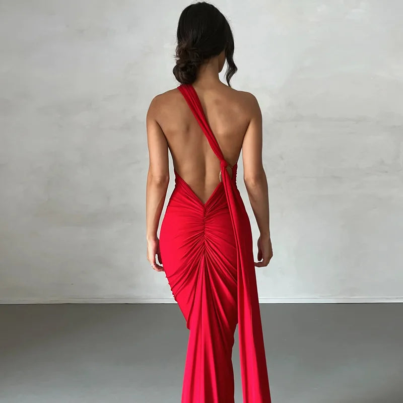 Womens Elegant Evening Party Cocktail Long Dress Sexy Backless Open Back Ruched Slim Bodycon Formal Wedding Guest Maxi Dress