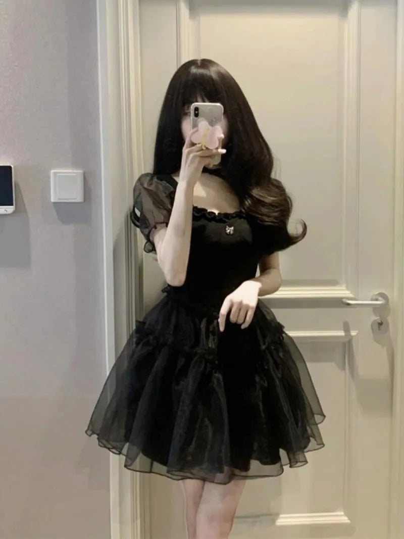 2023 Summer New Black Yarn Dress Fluffy Small Short Square Neck Spicy Girl Sweet Style Small Puff Sleeve Sexy Lovely Short FO30 - Seprincess