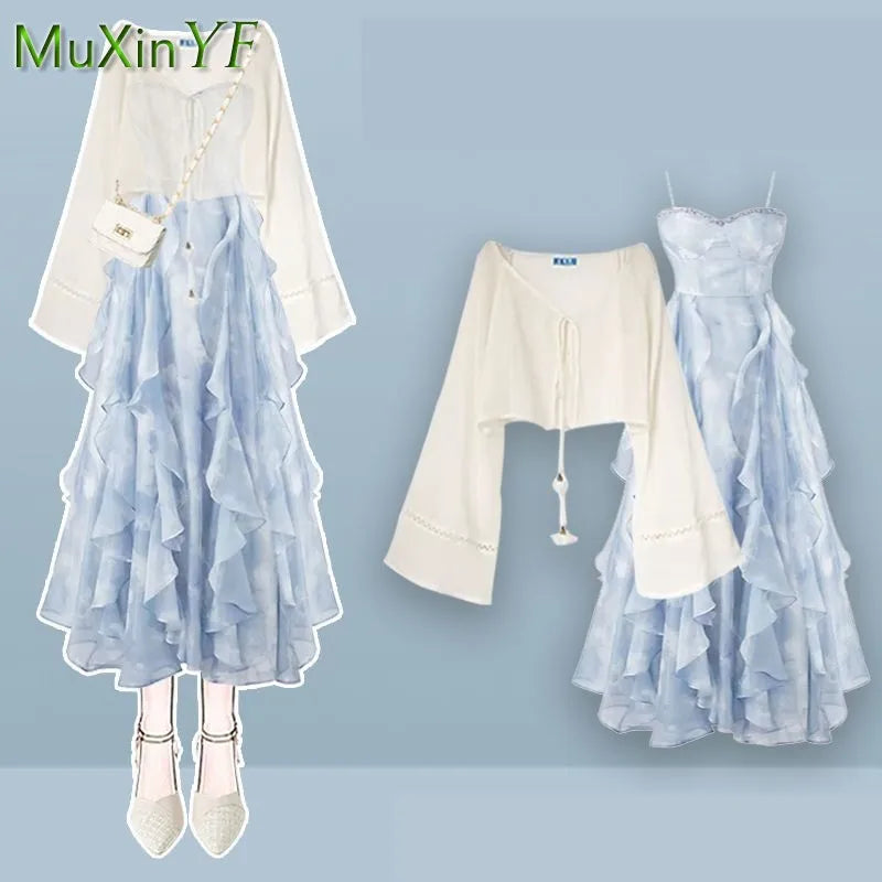 Women's 2024 Summer New Dress Matching Set Korean Elegant Loose Sunscreen Shirt+Sling Skirt Two Piece Female Chic Clothing Suit - Seprincess