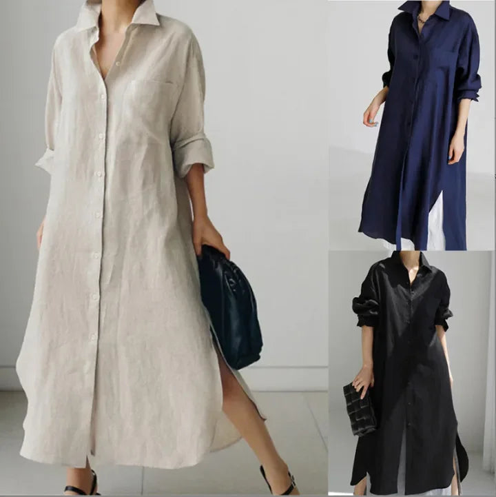 Summer Fashion New Women's Cotton Linen Dress Shirt Elegant Loose Irregular Cardigan Single Breasted Fashion Long Sleeved Dress - Seprincess