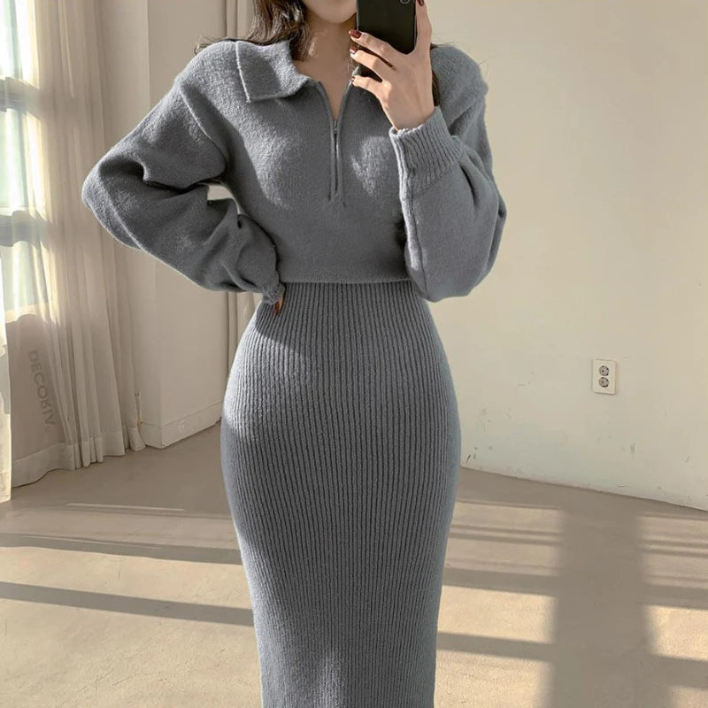 Vintage Long Sleeve V-neck Knitted Sweater Midi Dresses for Women Zipper Lapel Elegant Warm Bodycon Dresses Autumn Winter 2024 - Seprincess