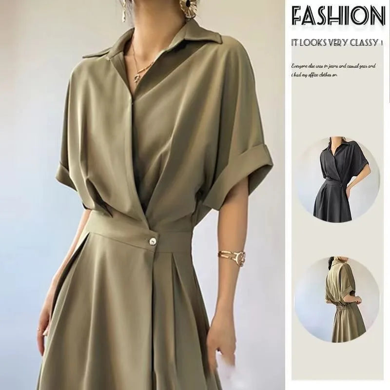 Women Solid Color Long Shirts Dress Summer Turn-down Collar Short Sleeve Party Dress Female Casual Evening Maxi Dresses Vestidos - Seprincess