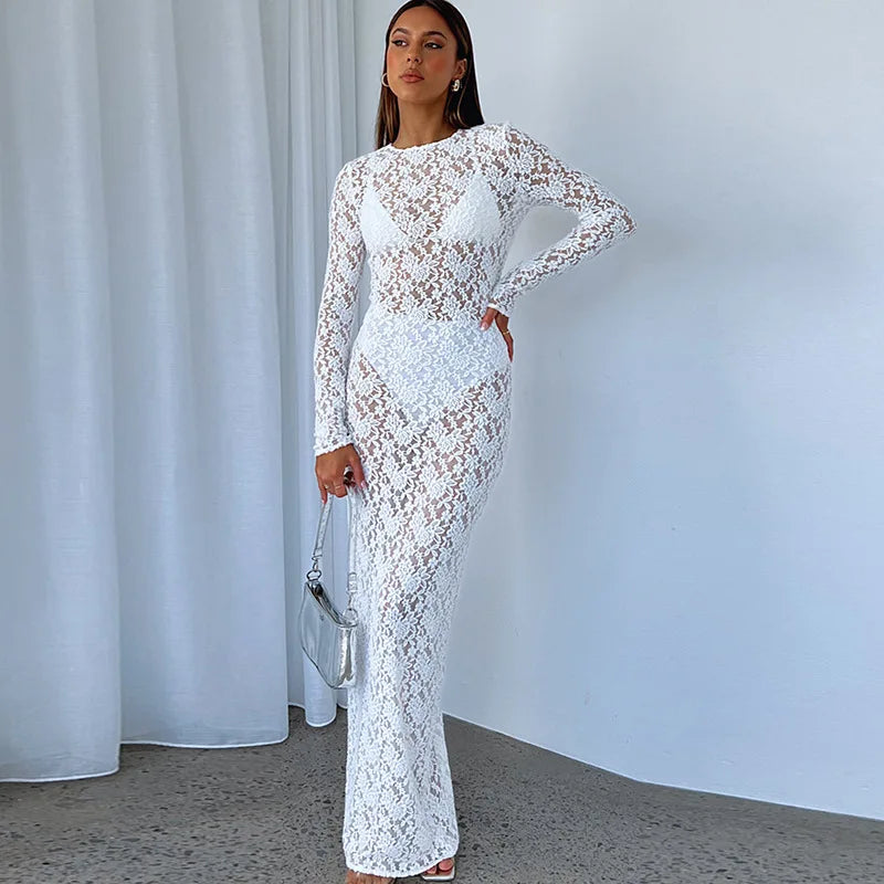 Europe and the United States women's spring and summer new solid color lace see-through long-sleeved mid-length dresses sub - Seprincess