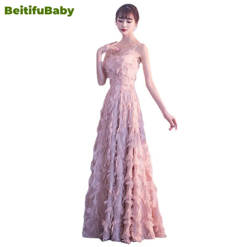 2024 Women's Wedding Party Dress Elegant Sling V-neck Sling Zipper Feather Bridesmaid Skirts Evening Dresses for Women Vestidos - Seprincess