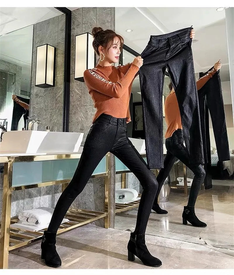 Add Velvet/No Velvet Black Faux PU Leather Pants Women's High Waist Stretch Leggings Autumn Winter Casual Skinny Pencil Trousers