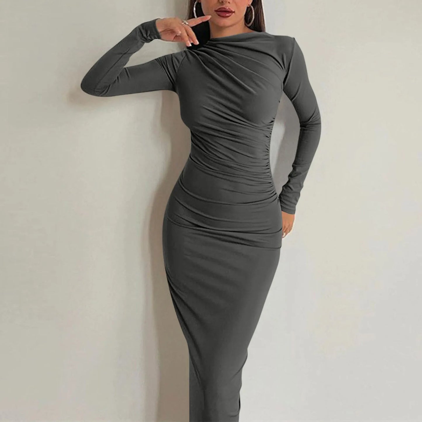 Women Bodycon Maxi Dresses Fall New Long Sleeve Sexy Ruched Neck Slim Fit Cocktail Party Dress Elegant Gentle Temperament Dress - Seprincess