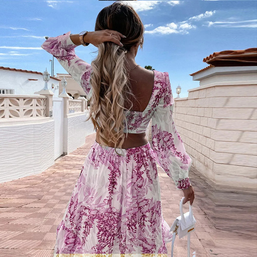 Spring New Long Dress Fashion Print Sexy Deep V-neck Long Sleeved Dress Women's Elegant Hollow Out Ruffle Spliced Maxi Dress - Seprincess