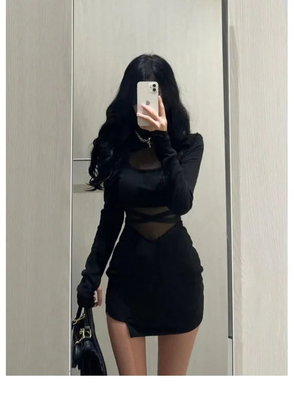 Pile Up Sleeves New Sexy Black Fishbone Dress Personalized Slim Women Dress Thin Gauze Perspective Wrap Around Buttocks  F8Q3 - Seprincess