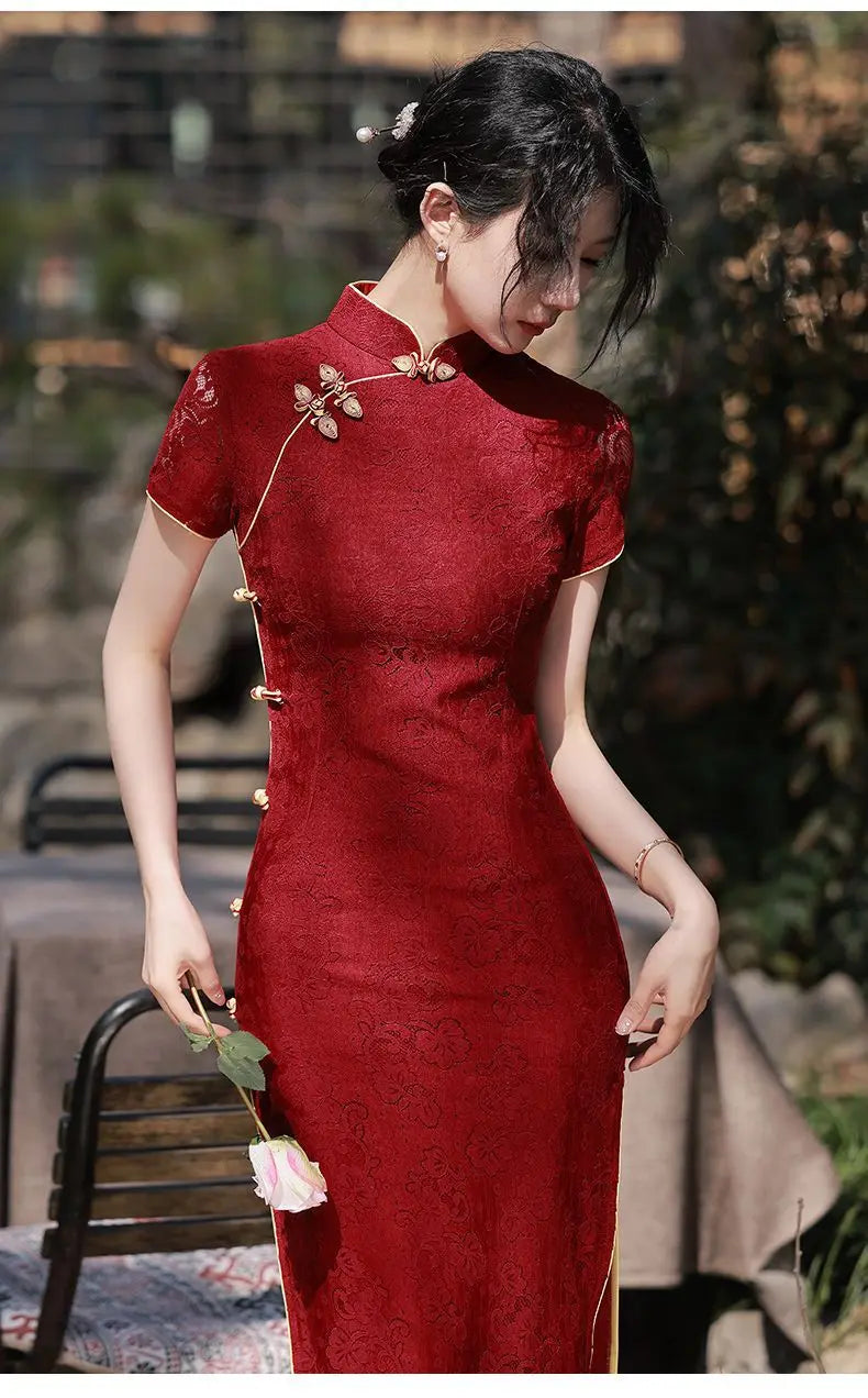 New Arrival Cheongsam Dress Red Jacquard with Improved Design Perfect for Wedding Bridal Party Banquet Dinner - Seprincess