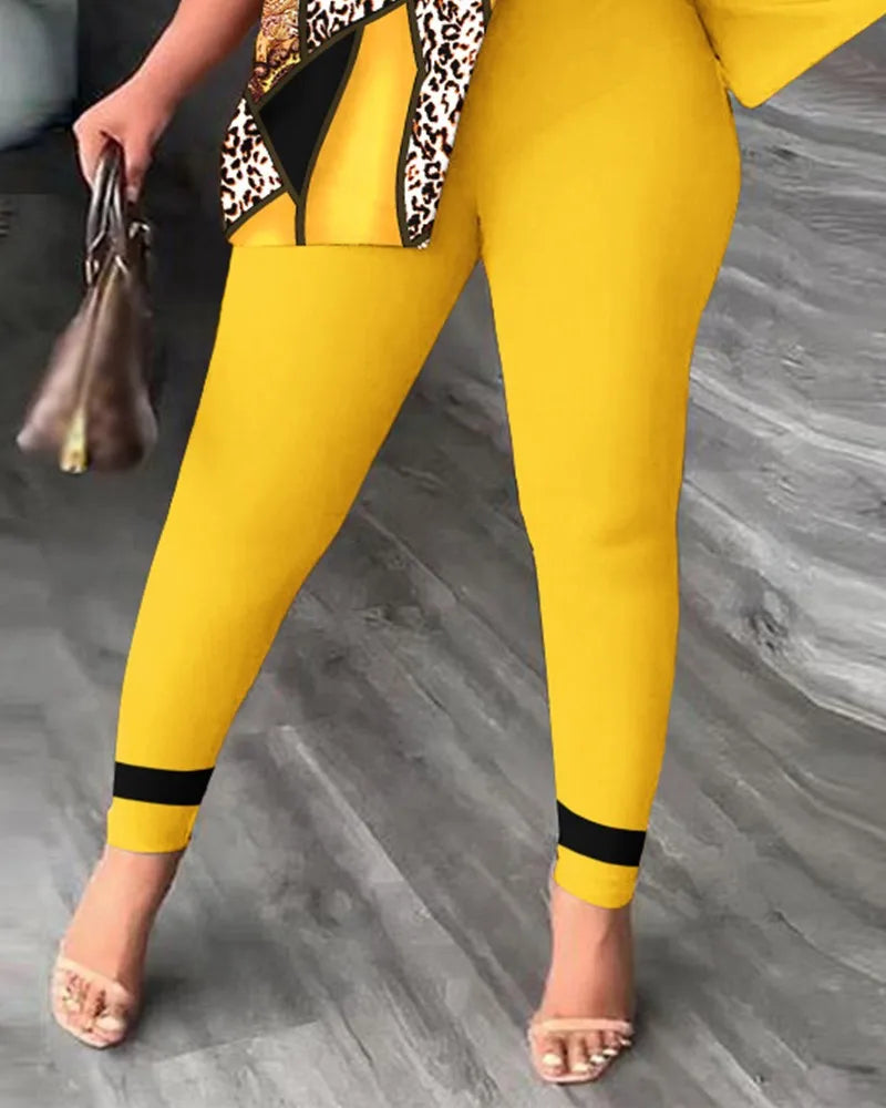 Elegant Women Two Piece Set Suits New Fashion Printed Ruffle Sleeve Top Solid Color Pants Set With Belt Blouses Female Clothing