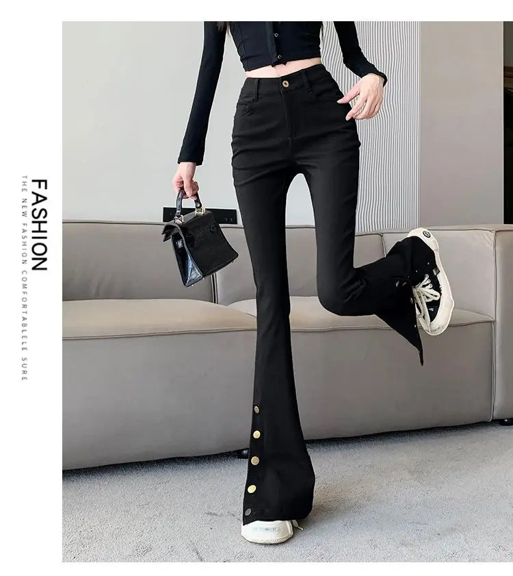 Micro-boot jeans brown buttoned design women's autumn and winter new high-waisted slim straight-leg floor mopping pants