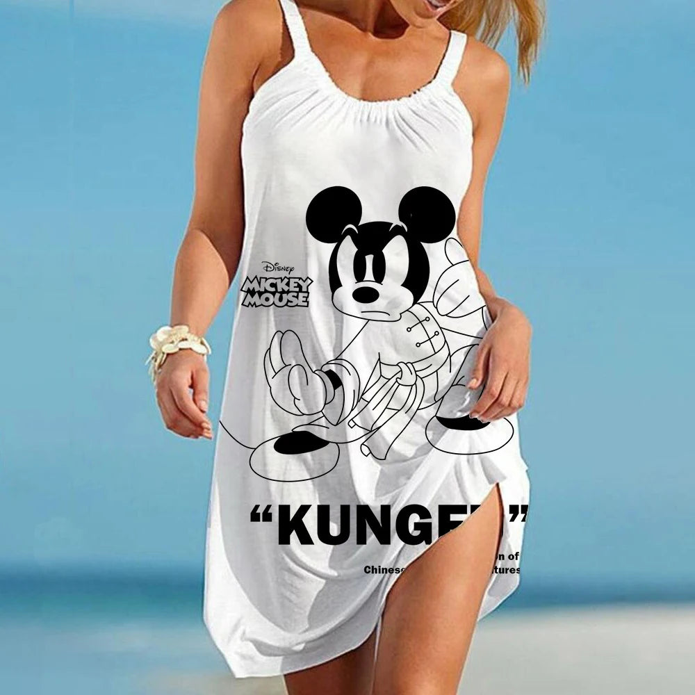 Boho Minnie Mouse Women's Dress Summer Beach Disney Mickey Cartoon Elegant Dresses For Women Fashion Print Sexy Loose Backless