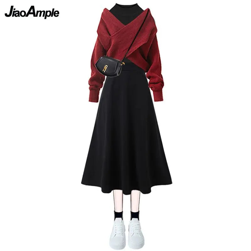 2023 Autumn/Winter New Korean Elegant Matching Set Women's Fashion Cross Knit Sweater+Bottom Shirt+Strap Dress Three Piece Suit - Seprincess