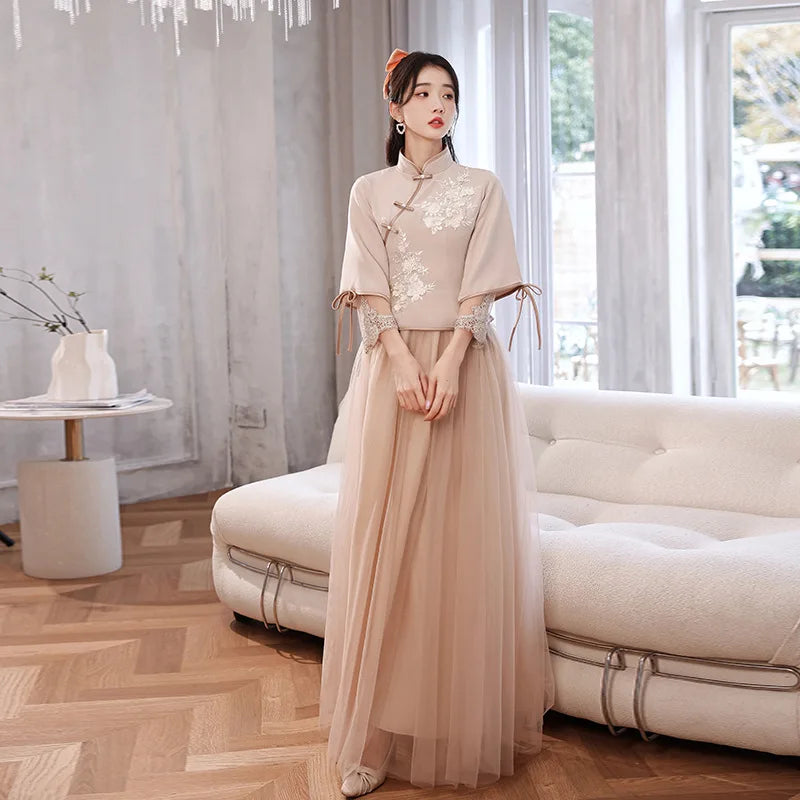 Chinese Wedding Dresses Qipao Traditional Bridesmaid Elegant Khaki Pink Cheongsam Modern Three Quarter Sleeves Outfits for Girls - Seprincess