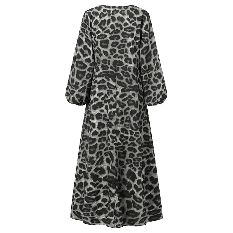 Vintage Women Long Sleeve Leopard Dresses ZANZEA Autumn Sundress Fashion Maxi Long Dress Party Vestidos Female V Neck Print Robe - Seprincess