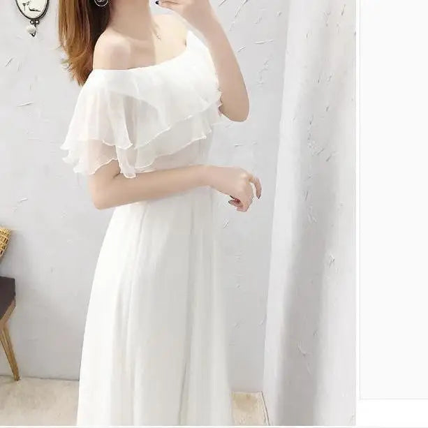 Women's Summer Beach Style Chiffon White Long Dress Lady Graceful Fairy Layers Ruffles Off-Shoulder Dresses Evening Party Gown - Seprincess