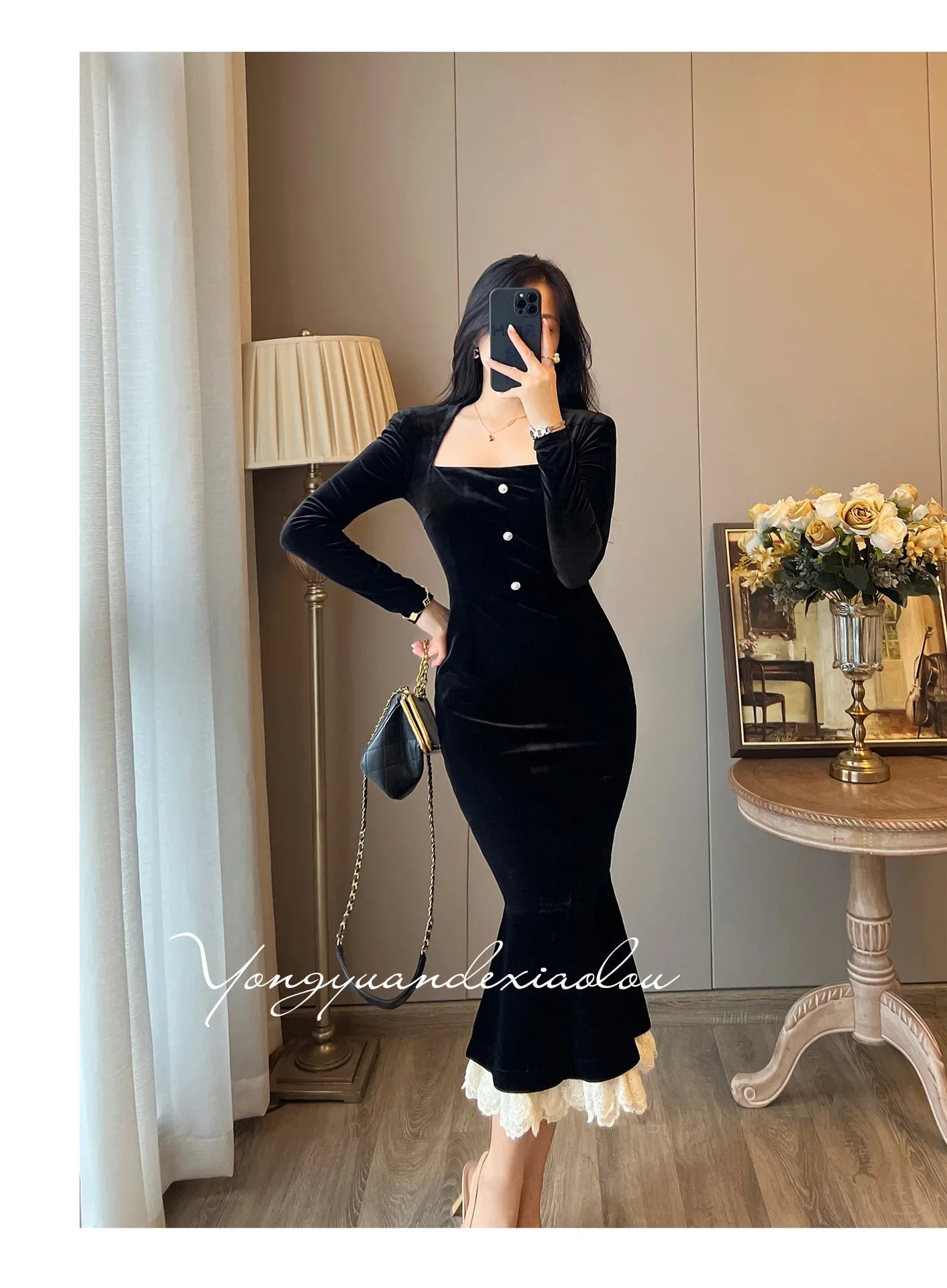 Elegant French Haban Style Fish Tail Skirt Spring Autumn Soft High Class Square Collar Long Sleeve Black Velvet Long Dress - Seprincess