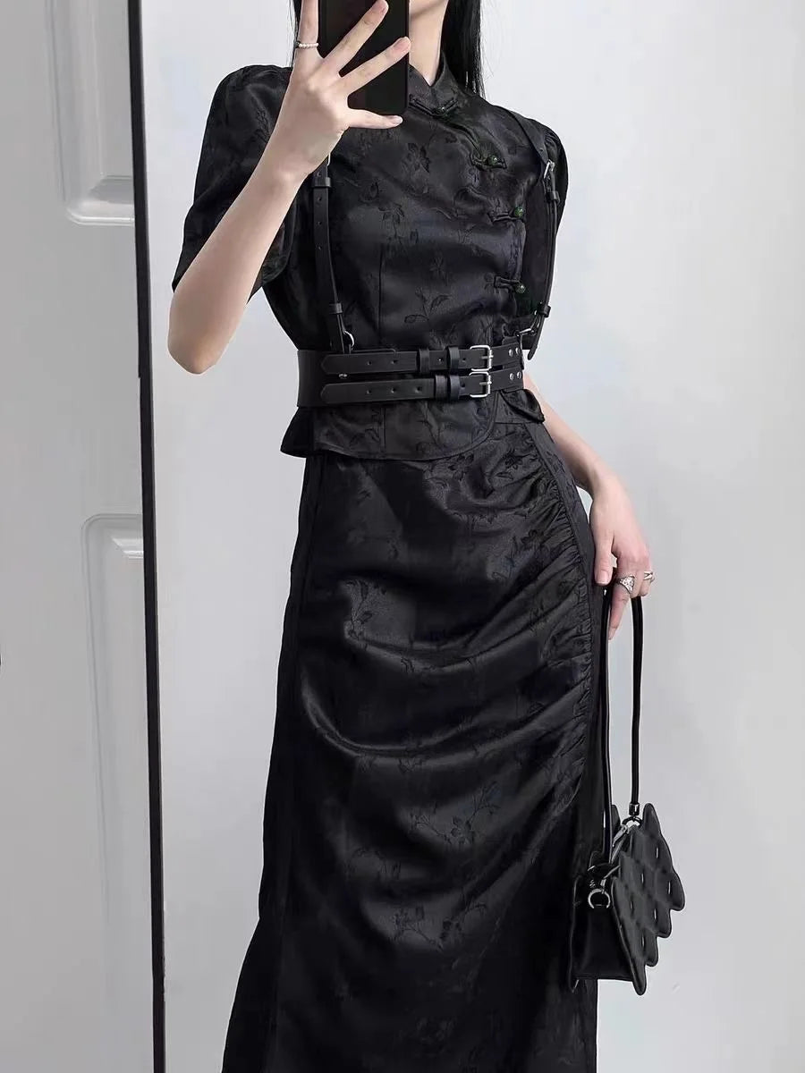 New Chinese Style Qipao Suit Sexy Black Jacquard Chinese Dress Improved Cheongsams Women Summer Dress Gothic Dark Vestidos - Seprincess