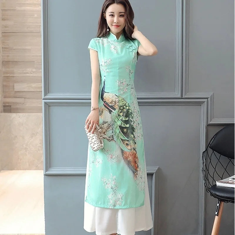 1pcs/lot Summer Elegant Slim Women Painting Cheongsam White Dress Qipao Chiffon Vintage Chinese Style Dress - Seprincess