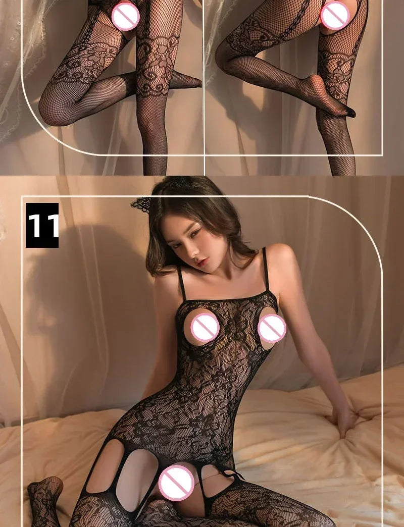 Sexy Lingerie Fishnet Bodysuit Hollow Out Erotic Teddies Open Crotch Mesh Body Stockings Porno Underwear Costumes for Women Lady