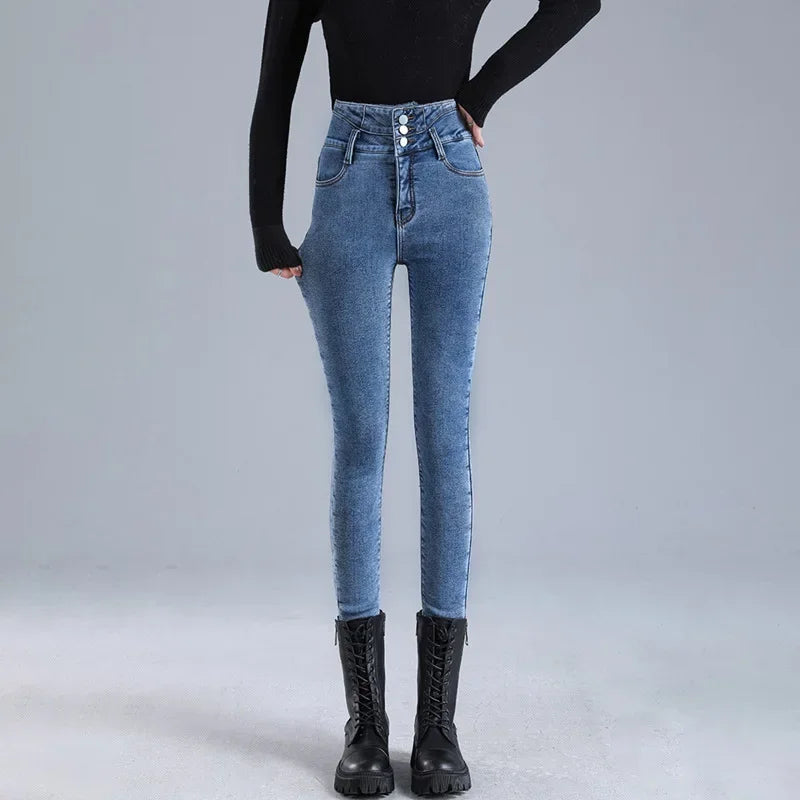 2023 Winter New Women's High-Waisted Elastic Korean Style Slimming Thickened Warm Fleece-Lined Jeans Outer Wear Small Foot Trous