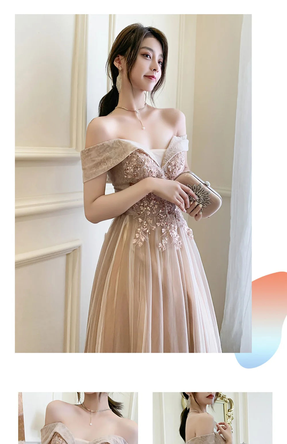 4 styles Champagne Pink Bridesmaid Dress Women's Elegant Off Shoulder Ruffles Sleeves Gown Sequins Flower Applique Vestido