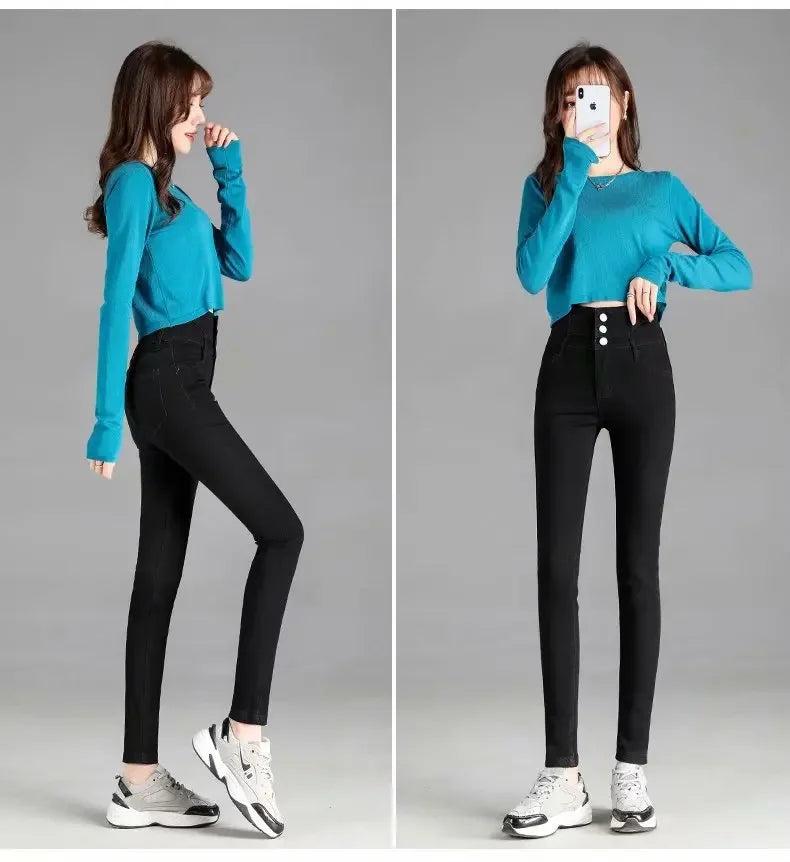 Thickened High-waisted Fleece-lined Jeans Women's Black Grey Slimming Winter 2021 New Style Tightening Integrated Velvet Pants