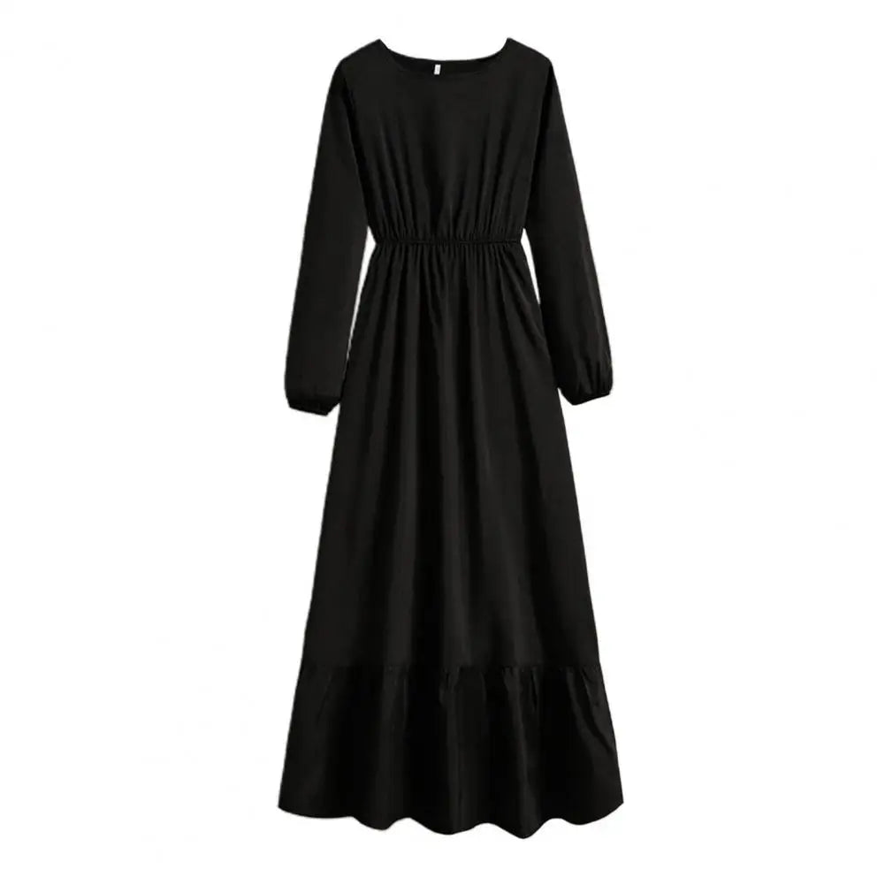 Women Spring Fall Dress Pleated Long Sleeve Round Neck High Waist Loose Hem Dress-up A-line Patchwork Lady Maxi Dress Female Clo - Seprincess