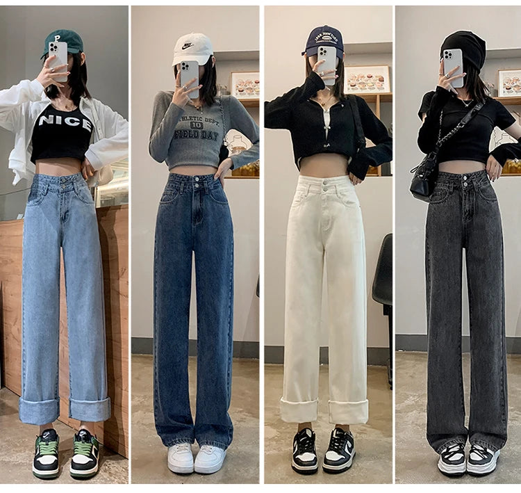 Fashion Denim Jeans Women Casual Autumn Spring Button Design Pants Loose Straight Brand High Quality New Arrivals Trousers