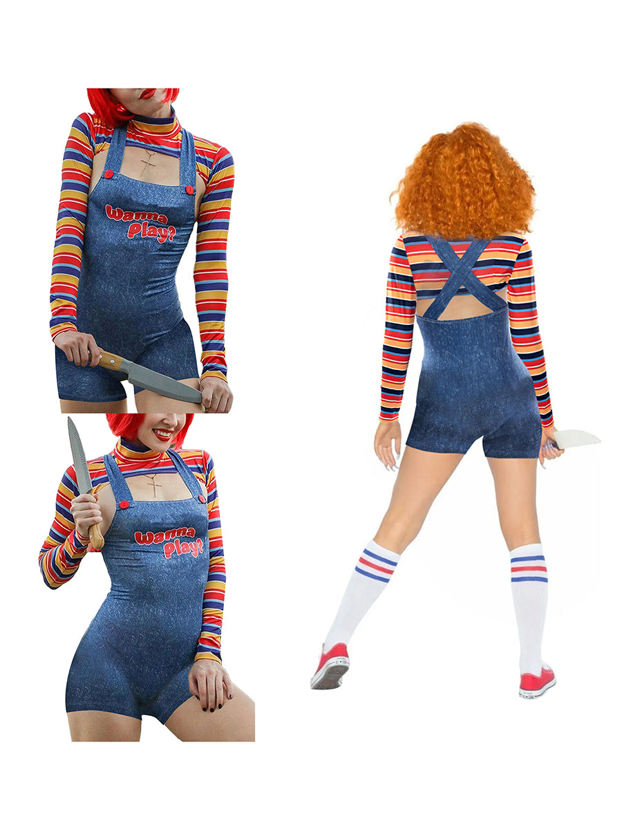 Women 2 Pcs Halloween Costumes Scary Nightmare Killer Doll Wanna Play Movie Character Bodysuit Chucky Doll Cosplay Costume Set - Seprincess