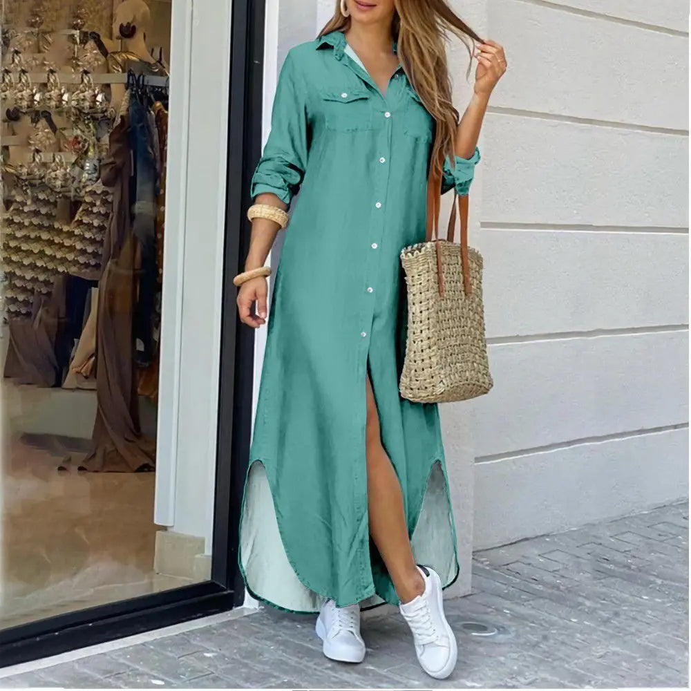 Women Blouse Dress Summer Fashion Female Pocket Button Long Sleeve Long Maxi Party Dresses LRFZ-9386 - Seprincess