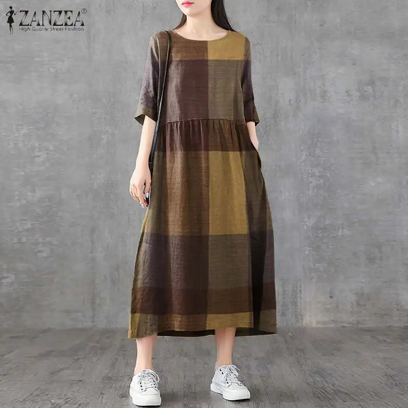 ZANZEA Women Cotton Linen Dresses Vintage Plaid Half Sleeve Midi Vestidos Casual O-neck Long Sundress 2023 Holiday Pocket Robes - Seprincess